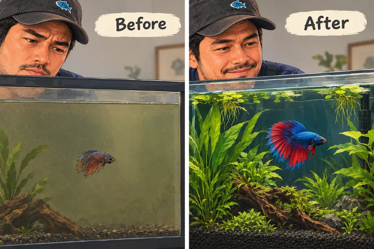 Before and after: a neglected aquarium vs. a healthy aquarium